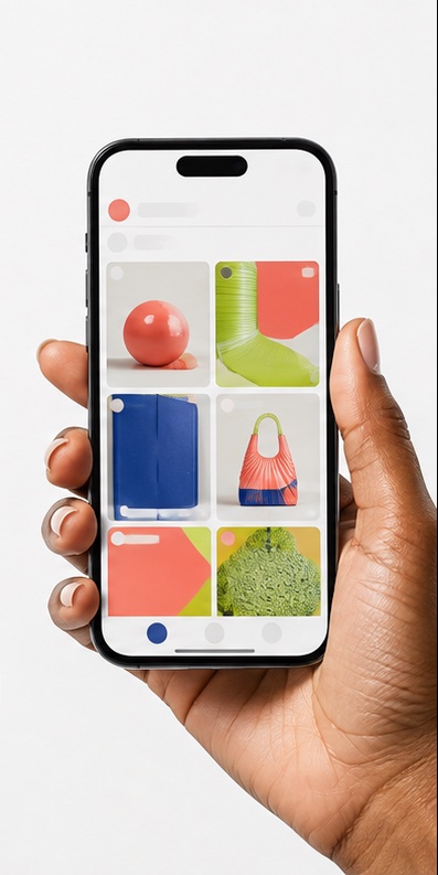 Hand holding a phone with an abstract social-commerce product grid.